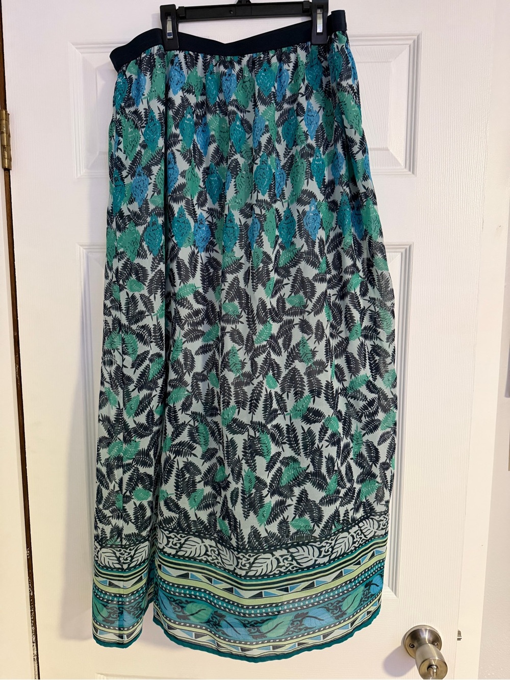 J. Jill Teal and Navy Leaf-Print Maxi Skirt